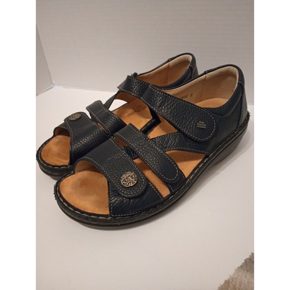Finn Comfort $275 Gomera Black Leather Hook & Loop Women Sandals Sz 37
